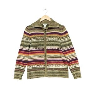 Classic Elements Petite S Zip Up Cardigan Sweater Multicolored Stripes Fair Isle